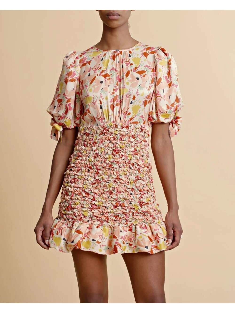 🆕 By TiMo Shirred Smocked Ruffle Crepe Satin Mini Dress Floral Medium - Picture 7 of 16